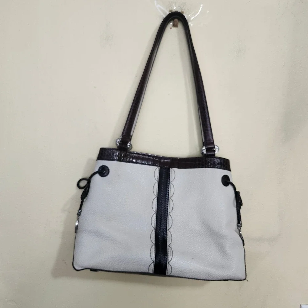 Brighton Shoulder Bag Hand Bag Medium White Brown Leather Heart Shapes Details